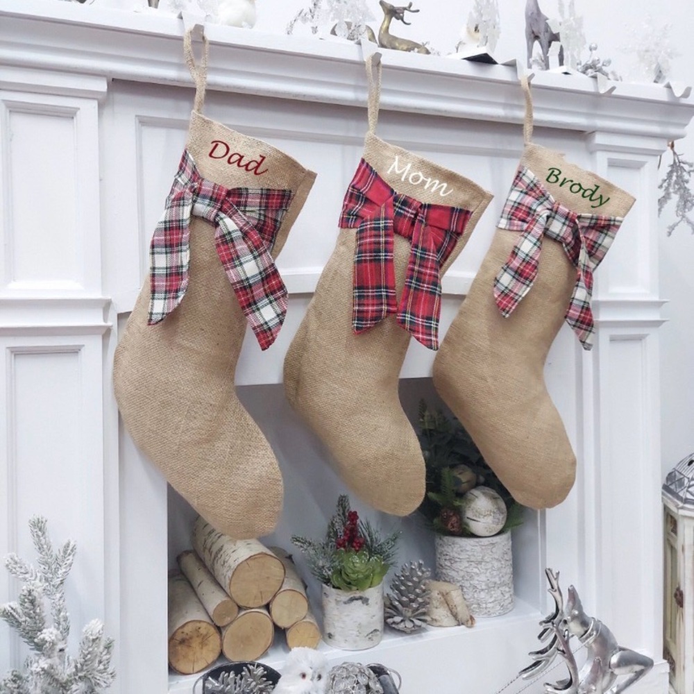 (2) Mud Pie Burlap and Red Tartan Plaid Christmas Stockings - Picture 3 of 7